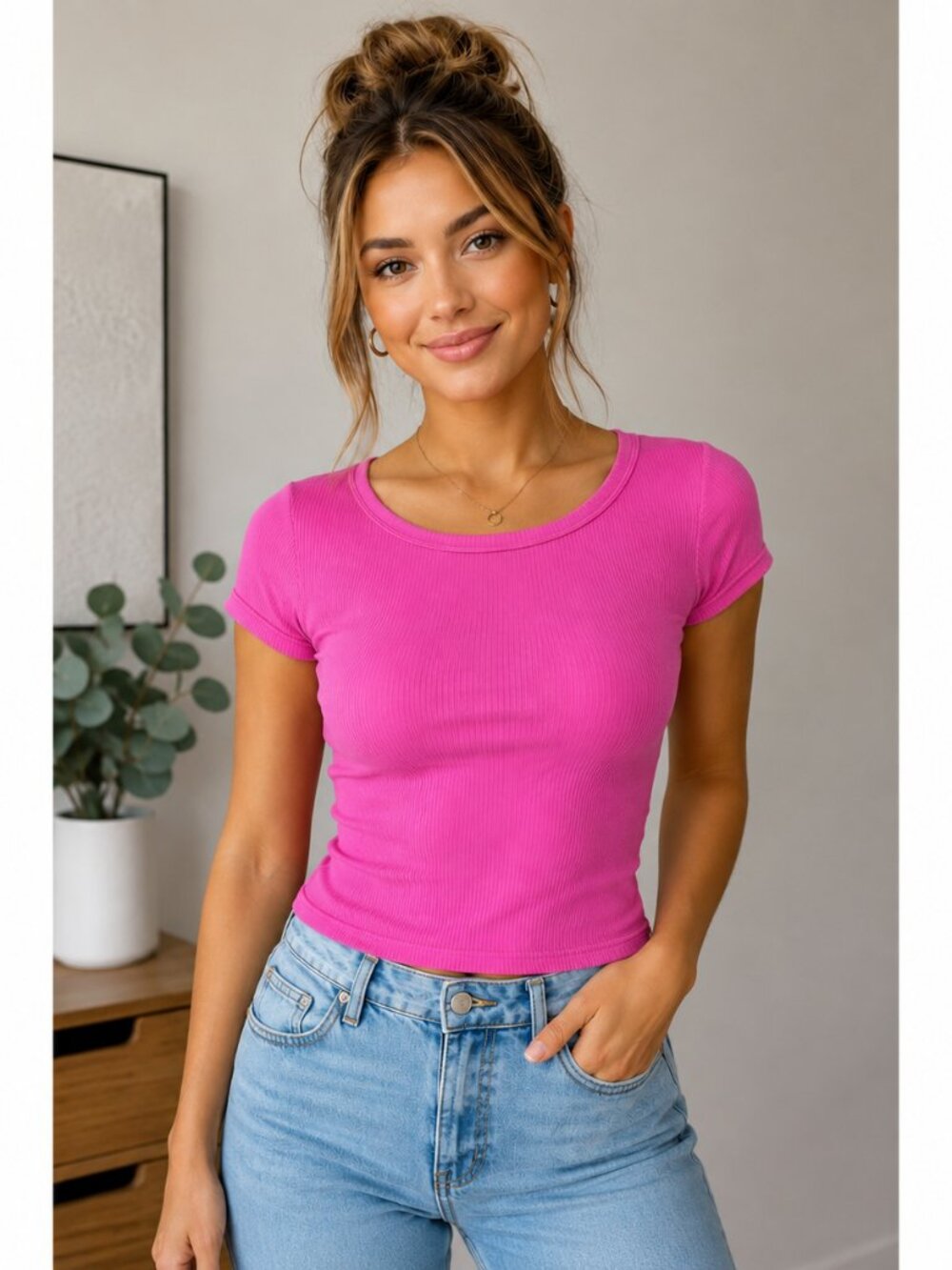 BOZZOLO Women’s Medium Hot Pink Ribbed Short Sleeve Top M
